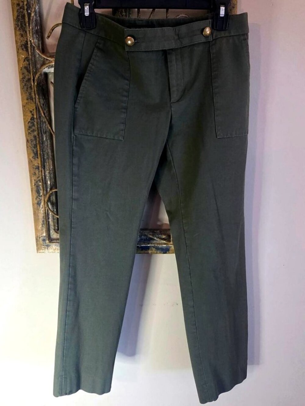 Banana Republic Ryan Petite Trousers Olive Green Gold Button Tab Waist Size 4P